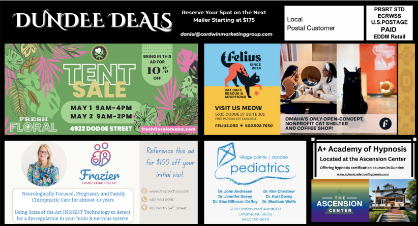 EDDM postcard sample for the Dundee neighborhood featuring local business advertisements